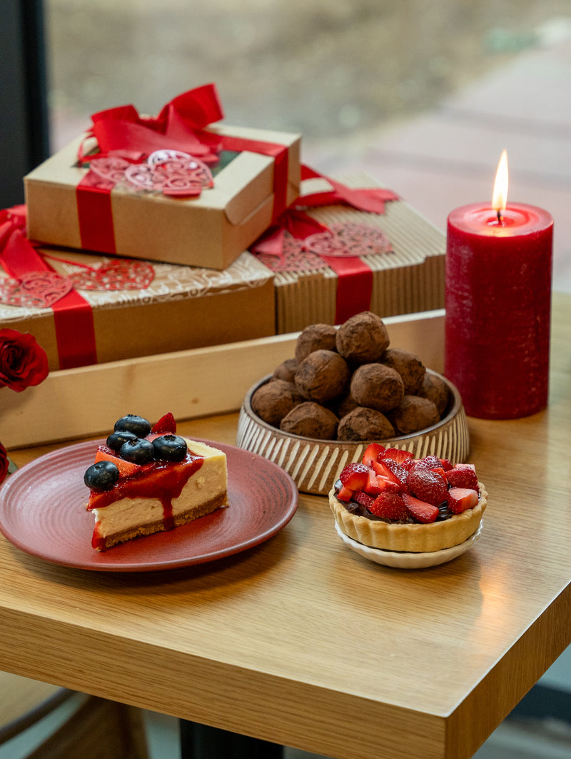 Hamper 2 - Box of 2 Chocolate Strawberry Tarts + 500g mixed Berry Cheesecake + Box of 9 Chocolate Truffles